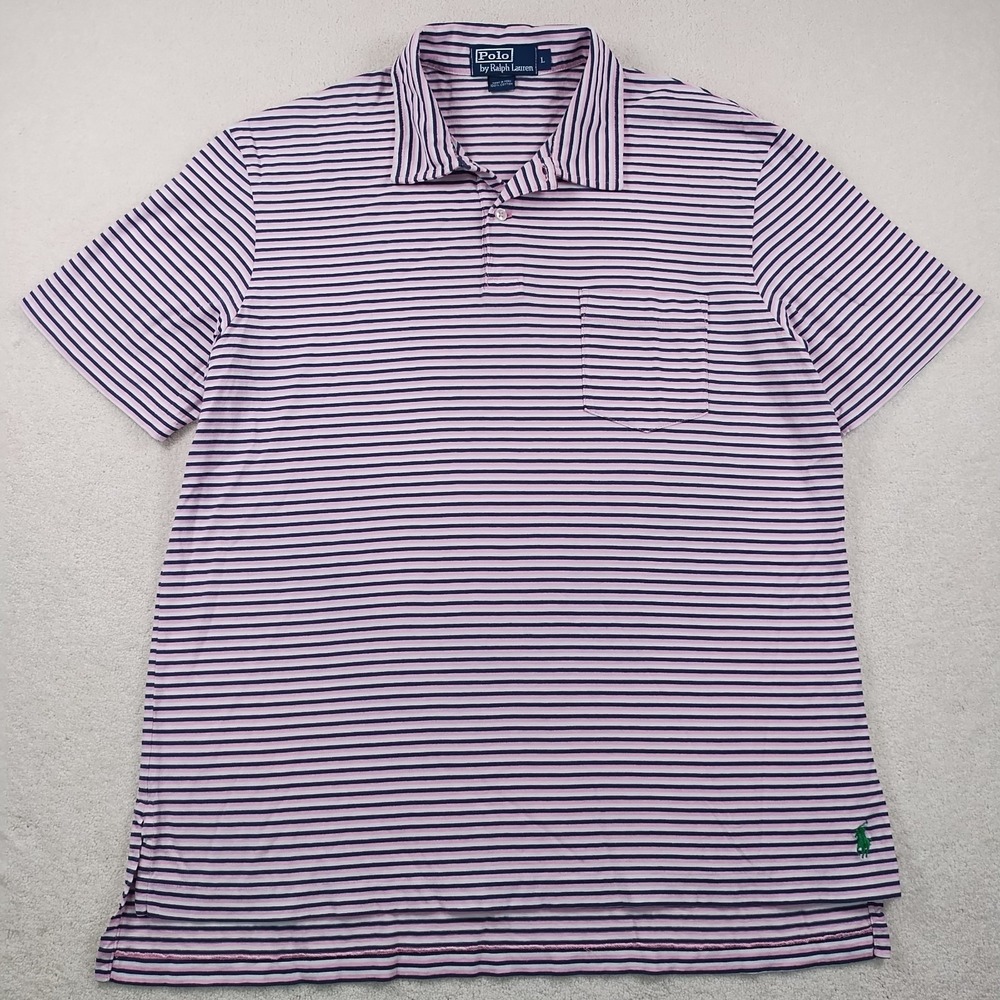 Vintage Polo Ralph Lauren Shirt Men's Large Pink Striped S/S Casual Pony 90's
